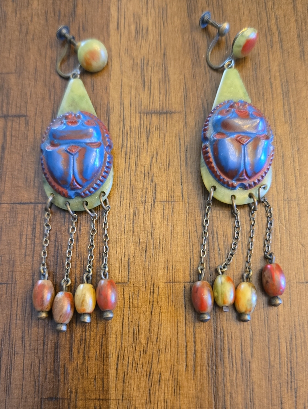 Vintage Bakelite Green and Blue Scarab Drop Earrings